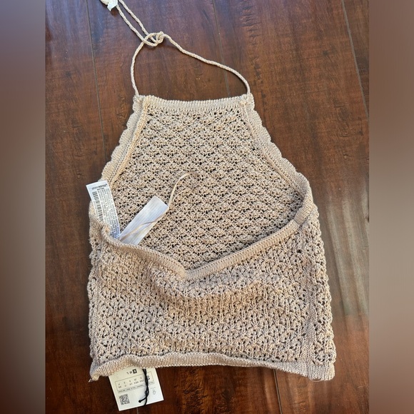 NWT Zara Silver Nude Tan Knit Metallic Halter Top Crop Tie Top Pointelle Thread - Picture 2 of 4